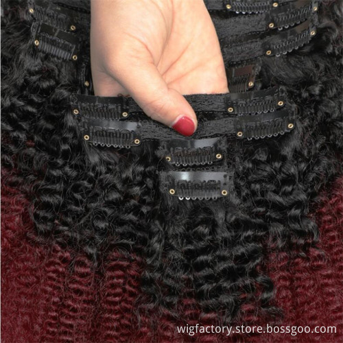Wholesale unprocessed colored brazilian clip in hair extensions, 100% human hair clip in human hair colored